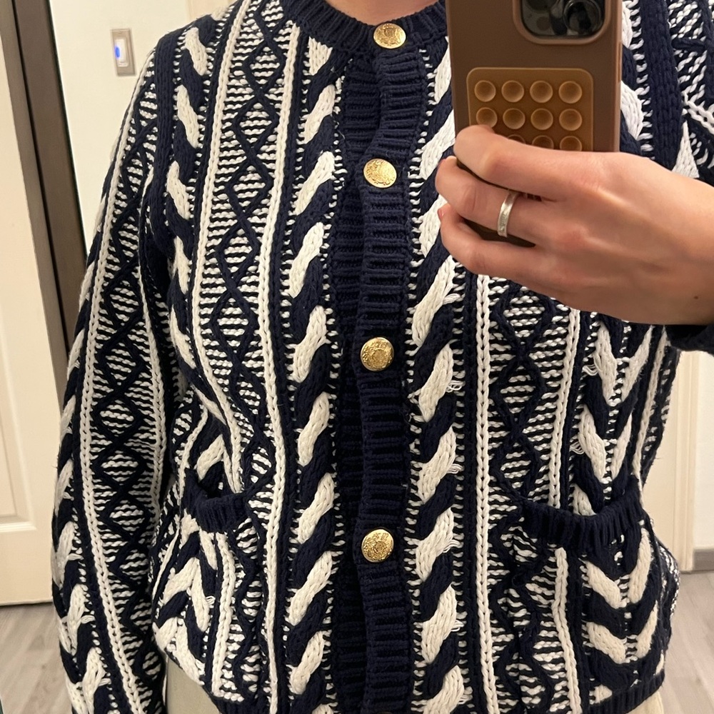 Navy and White Knit Cardigan with Gold Buttons